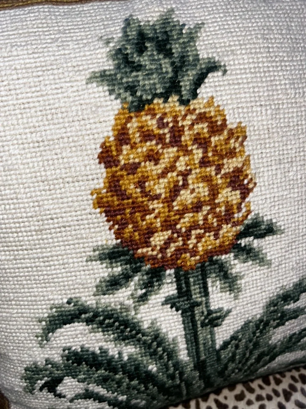 Pineapple needlepoint accent pillow tan velvet back